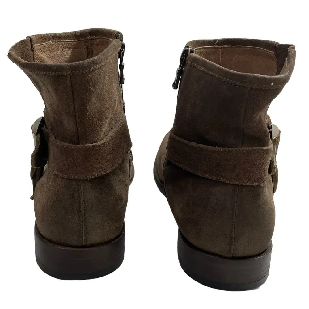 John Varvatos Taupe Brown Suede Double-Buckle Ankle Boots
